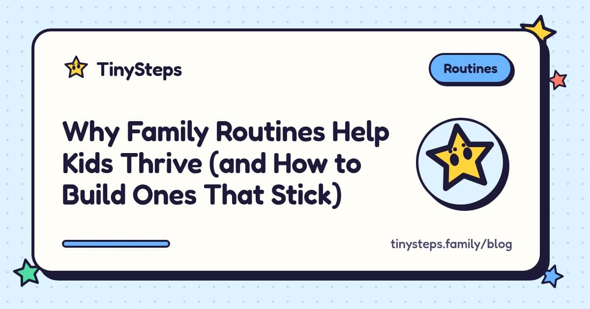 A child ticking off morning routine steps on a colourful family board while a parent smiles nearby