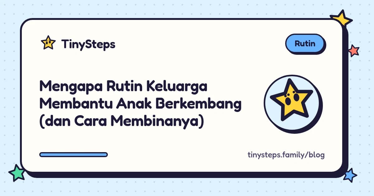 Seorang kanak-kanak menanda langkah rutin pagi pada papan keluarga yang berwarna-warni sambil ibu atau bapanya tersenyum di sisi