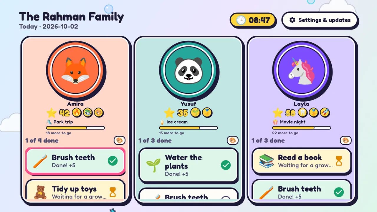 The TinySteps family board on a TV: three children with their points, medals and today's tasks (synthetic demo family)