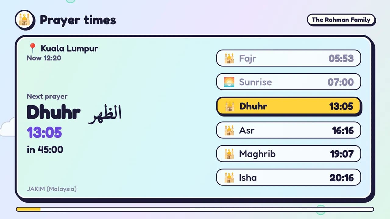TV prayer times card for Kuala Lumpur with the next prayer highlighted
